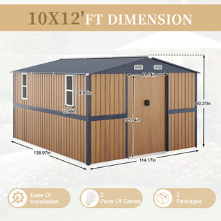 10X12 FT Outdoor Steel Storage Shed with Lockable Doors, 2 Windows, Garden Shed Ideal for Backyard, Patio Storage,Chicken Coop