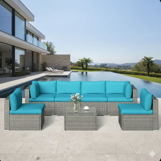 7-Piece All-Weather Gray Wicker Couch Patio Set with Removable Light Blue Cushions and Glass Coffee Table for Patio, Poolside & Backyard
