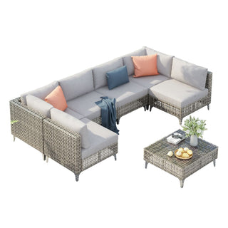 7-Piece Wicker Patio Conversation Set with Thick Cushions & Coffee Table | Outdoor Sectional Sofa for Backyard & Porch