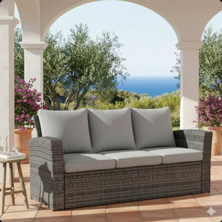 67.7" All-Weather Wicker 3-Seat Patio Sofa with Thick Blue/Biege/Gray/Black Cushions & Black Frame