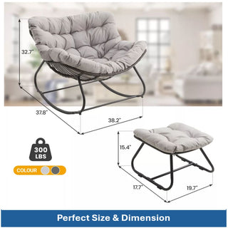 Dark Gray/Light Gray/Green Egg Rocking Chair with Ottoman, All-Weather Wicker Lounge & Cushions