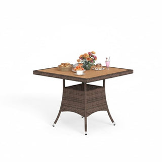 1-Piece All-Weather Brown Square Rattan Patio Dining Table with Acacia Wood