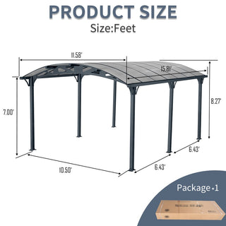 12x16 FT Arch Carport with Aluminum Frame and Polycarbonate Roof Panels, Heavy-Duty Outdoor Car Shelter for Driveway, Cars, and Trucks
