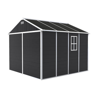 8X8 FT resin storage shed, high quality pp material with Lockable Door, strong structure, waterproof, rust and UV proof, large storage space, 12mm thick pp board, HD window lighting