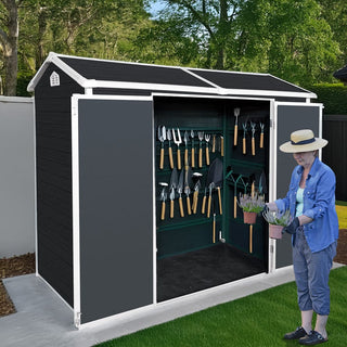 8x4 FT Outdoor Resin Storage Shed with Floor, 2 Windows & Lockable Door for Garden Tools, Bikes & Trash Cans