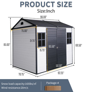 8 x 6 ft Resin Outdoor Storage Shed Waterproof Shed with Floor & Two Windows & Lockable Door, Tool Shed for Garden, Patio, Backyard,Grey/Black/White+Gray/Brown