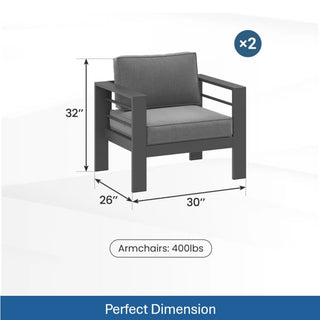 Set of 2 28" All-Weather Metal Patio Armchairs with Thick Gray Cushions & Gray Frame