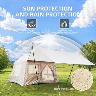 5.72m² Inflatable Glamping Tent with Pump, 4-Season Windproof Cotton Canvas Camping Tent with Mesh Windows