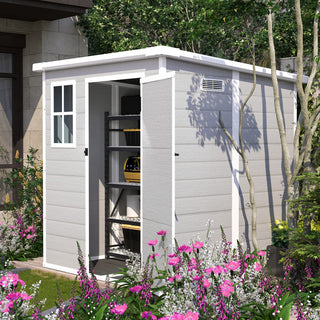 6x6 Ft Waterproof Resin Storage Shed with Floor, Window, Lockable Doors & Air Vents, Outdoor Tool Shed for Bikes