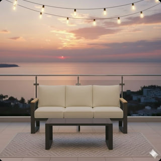 2-Piece 3-Seat Outdoor Sofa Couch Set, 75" All-Weather 3-Seat Aluminum Patio Sofa with Thick Beige Cushions & 44" Glass Coffee Table
