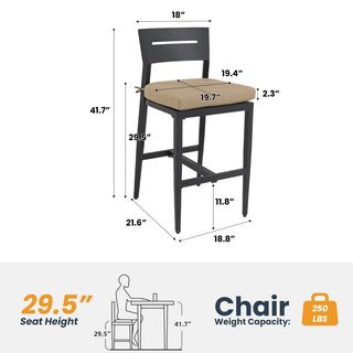 Modern 2-Piece Outdoor Aluminum Bar Stools with Sunbrella Cushions – Ergonomic Patio Bar Chairs in Black/Beige/Red