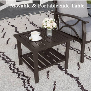 19" Square Black/Brown Metal Outdoor Side Table, 2-Tier All-Weather Patio End Table