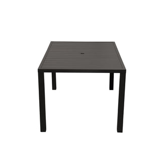 Square Outdoor Dining Table for 4 | Slatted Metal Patio Table with Umbrella Hole for Garden, Deck, Lawn & Backyard (Brown)