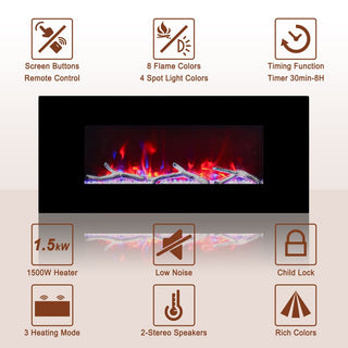 42/50/60/72 Inch Wall-Mounted Black Electric Fireplace Insert-5120 BTU with 2-Speaker Stereo Sound