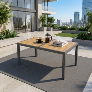 59-Inch Outdoor Patio Dining Table, Gray Aluminum Frame with HDPE Slatted Top