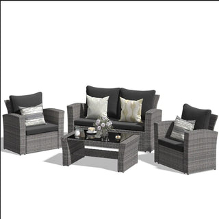 4-Piece Wicker Patio Conversation Set With Glass Table and Blue/Black/Gray Cushions