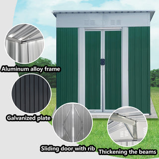 5x3 FT Green Mini Outdoor Storage Shed with Pent Roof, Aluminum Alloy Frame & Sliding Door, Compact Garden Tool Storage for Backyard & Patio