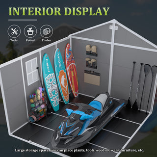 8X8 FT resin storage shed, high quality pp material, strong structure, waterproof, rust and UV proof, large storage space, 12mm thick pp board, HD window lighting