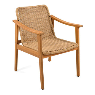 Outdoor Dining Chairs Set of 2, Teak Color Acacia Wood Frame, Brown PE Wicker, Grey Waterproof Cushion
