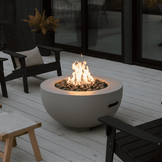 Outdoor Round Propane Fire Pit Table 28-inch,40,000 BTU Fire Pit Bowl,Light Concrete Propane Fire Pit with Free Lava Rocks,Rain Cover and Burner Lid,for Outside Patio,Garden,Deck,Light Gray