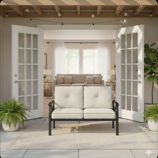 48" All-Weather Metal Loveseat 2 Seats Couch Sofa with Gray/Beige/Khaki Cushions with black Frame