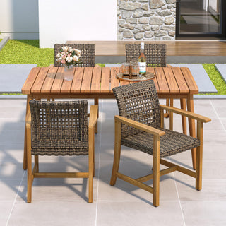 5-Piece Patio Dining Set, 63" Slatted Table & 4 Acacia Wood & PE Rattan Chairs for Patio Garden