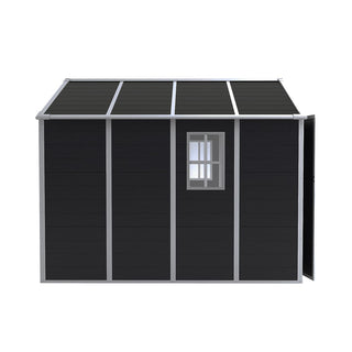 8X8 FT resin storage shed, high quality pp material with Lockable Door, strong structure, waterproof, rust and UV proof, large storage space, 12mm thick pp board, HD window lighting