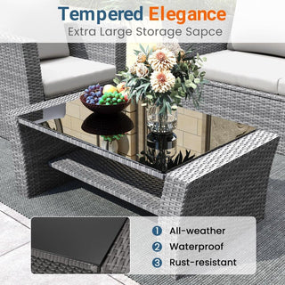4-Piece Wicker Patio Conversation Set With Glass Table and Blue/Black/Gray Cushions
