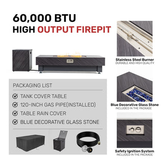60-INCH FIRE PIT TABLE,Stone Outdoor Gas Fire Pit Table with Rain cover,Rectangular Heater for Patio, Backyard, Deck, Outdoor Modern Patio Fire Pit