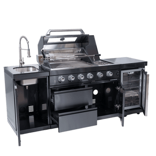 46-Inch Deluxe Outdoor Kitchen BBQ Island Grill, 4-Burner 72,000 BTU Stainless Steel with Wine Cooler, Refrigerator, Rotisserie Kit, Granite Countertop & Sink