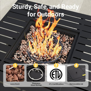 30”Width Outdoor 2-in1 Black Rattan Look Fireplace Table, 50000 BTU CSA Certified Propane Square Gas Fire Pit Table with Stainless Burner, Lid, Lava Rocks and Waterproof Cover