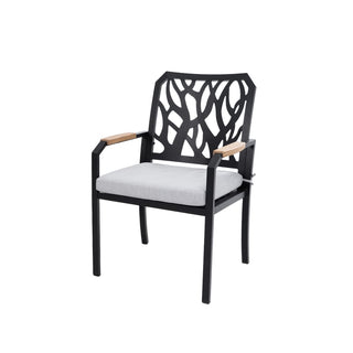 Outdoor Patio K/D Aluminum Stationary Dining Chairs 2PCS with Outdoor-grade Sunbrella Fabric Cushions, Branch-Like Backrest ,FSC-Certified Wood Armrest