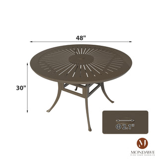 5-Piece Outdoor Patio Dining Set, Cast Aluminum 48" Round Table with Umbrella Hole and 4 Upholstered Chairs