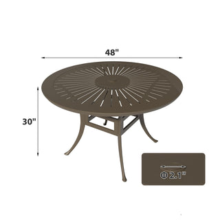 5-Piece Outdoor Patio Dining Set, Cast Aluminum 48" Round Table with Umbrella Hole and 4 Upholstered Chairs