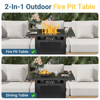 30”Width Outdoor 2-in1 Black Rattan Look Fireplace Table, 50000 BTU CSA Certified Propane Square Gas Fire Pit Table with Stainless Burner, Lid, Lava Rocks and Waterproof Cover