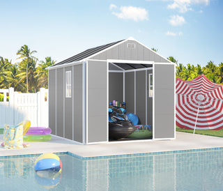 8X8 FT resin storage shed, high quality pp material, strong structure, waterproof, rust and UV proof, large storage space, 12mm thick pp board, HD window lighting