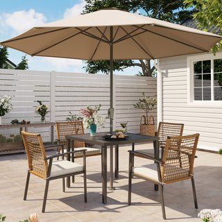 5-Piece Wicker Patio Dining Set with Cushioned Chairs & Square Table with Umbrella Hole for Backyard, Garden & Poolside