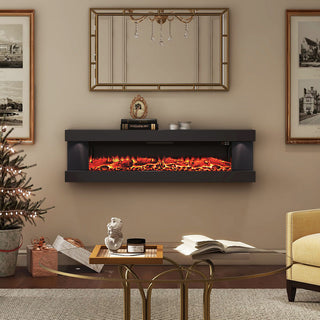 50"/60"/72" Wall-Mounted Electric Fireplace with Suspended LED Lighting, Modern Indoor Fireplace for Living Room