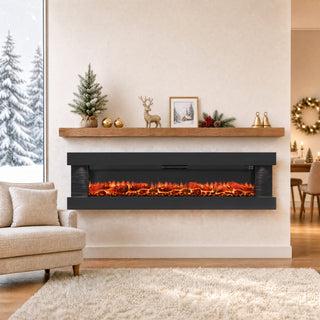 50"/60"/72" Wall-Mounted Electric Fireplace with Suspended LED Lighting, Modern Indoor Fireplace for Living Room