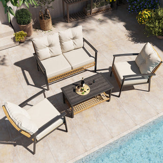 4-Piece Oversized Wicker Patio Conversation Set with Cushions & 2-Tier Storage Coffee Table for Outdoor Living