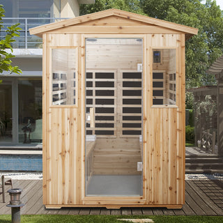 4-Person Outdoor Far Infrared Sauna Room with Old Fir Wood Frame – Home Spa Dry Sauna Cabin