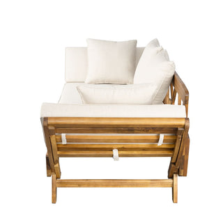Outdoor Patio Daybed Sofa, 3-Seat Sofa with Foldable Arm 4 Back Pillows, Teak Acacia Wood Frame Beige Removable Cushion