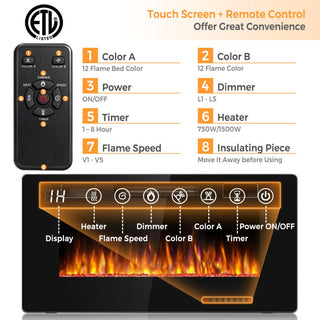 30/36/42/50/60-Inch Recessed Ultra Thin Electric Fireplace Heater with Glass Appearance