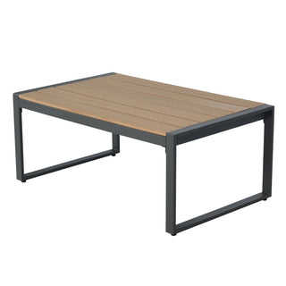 Outdoor 4 Pieces Furniture Sets Modern Iron Patio Conversation Sets Sofa w Grey Cushion Faux Wood Grain Frame