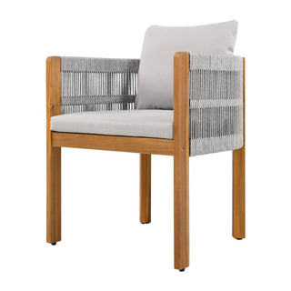 Acacia Wood Outdoor Dining Chairs 2-Pack with Mix White Rope Handles, Washable Waterproof Brown/Grey/Beige Cushions, 400 lbs Capacity