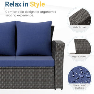 67.7" All-Weather Wicker 3-Seat Patio Sofa with Thick Blue/Biege/Gray/Black Cushions & Black Frame