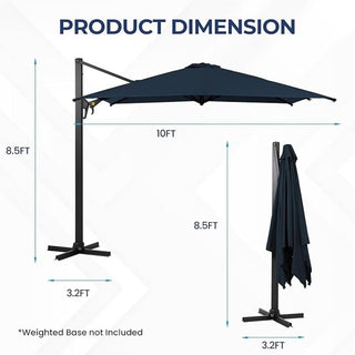10 Ft Square Large Cantilever Patio Umbrella with 360° Rotation & Tit Adjustment and Heavy Duty Offset Polyester Canopy Deck Umbrella without base