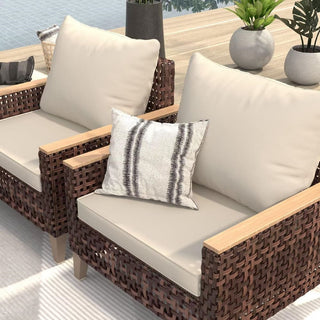 High footed hollowed out rattan terrace furniture set, 5 pieces, 7 seats, sofa set with cushion, 4-inch thick cushion