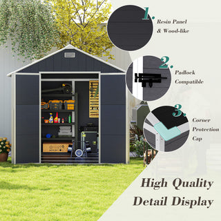8X8 FT resin storage shed, high quality pp material with Lockable Door, strong structure, waterproof, rust and UV proof, large storage space, 12mm thick pp board, HD window lighting