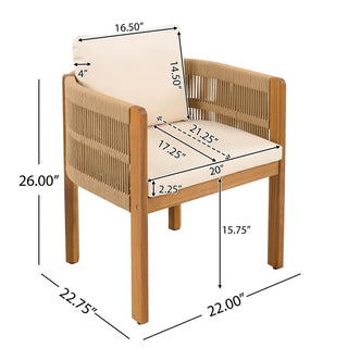 Acacia Wood Outdoor Dining Chairs 2-Pack with Mix White Rope Handles, Washable Waterproof Brown/Grey/Beige Cushions, 400 lbs Capacity
